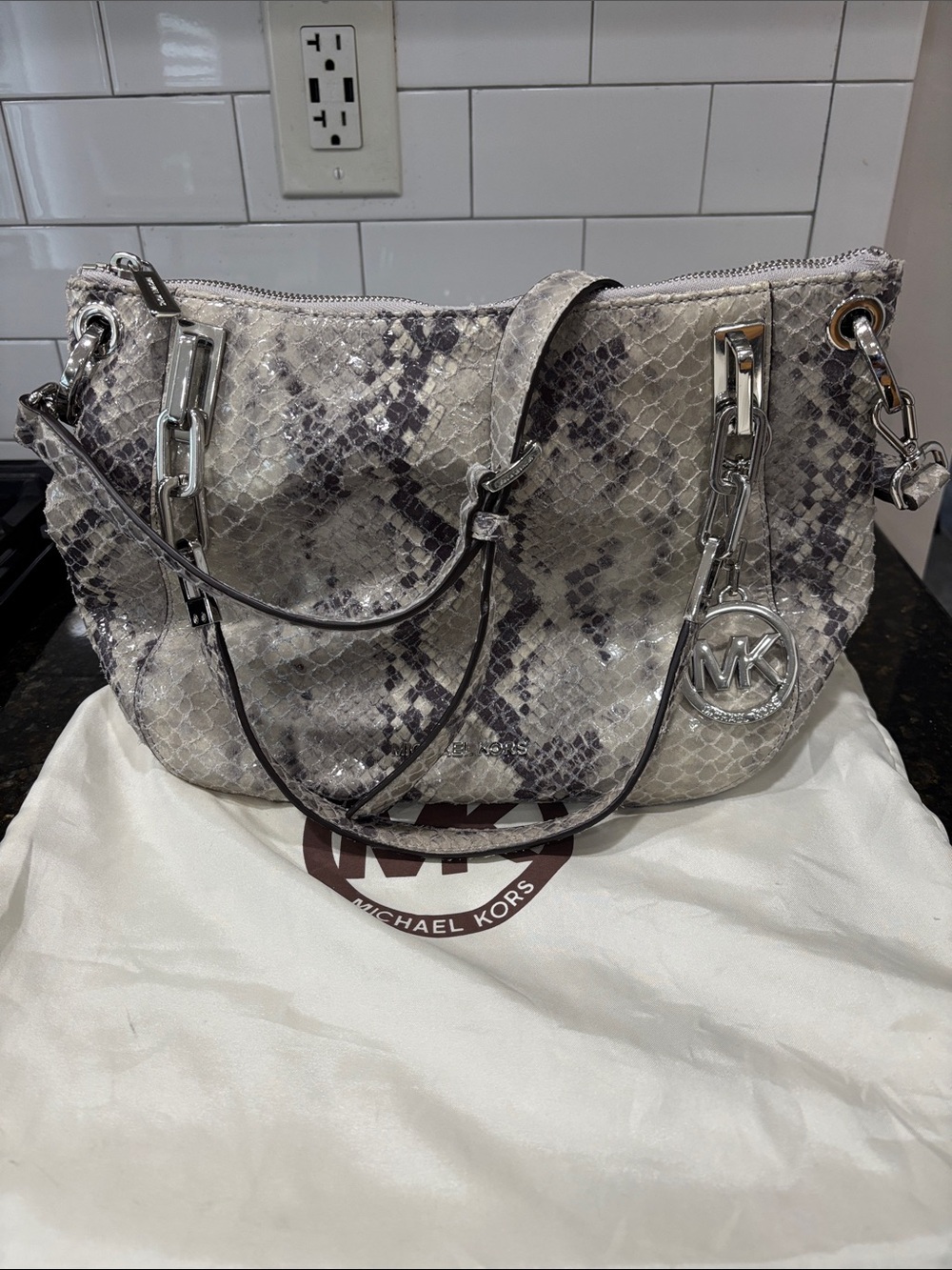 Michael Kors Snakeskin Print Shoulder Bag – Silver Hardware + Original Dust